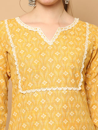 Printed yellow kurta with lace work, pallazos dupatta set