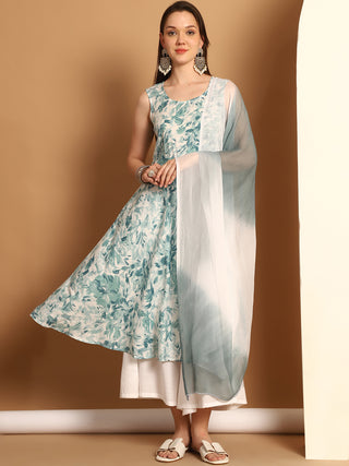 Women Teal Printed Kurta with Palazzos & With Ombre Dupatta