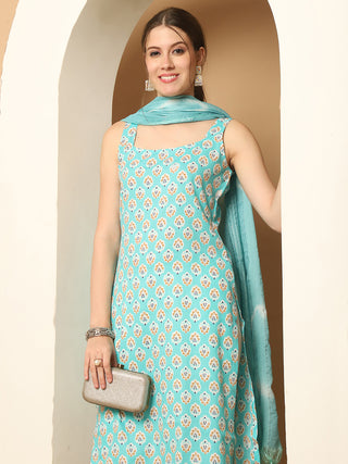 Blue printedKurta with pallazos dupatta set