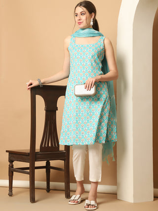 Blue printedKurta with pallazos dupatta set