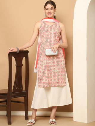 Printed Red Rayon Kurta with Palazzos & With Dupatta