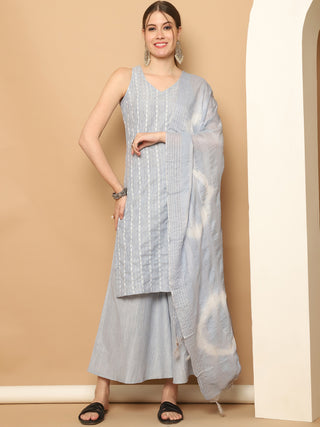 Dobby Blue Kurta with Palazzos & With Dupatta