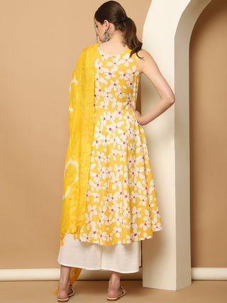 Printed yellow flowers flared kurta pallazos dupatta set