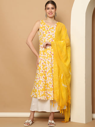 Printed yellow flowers flared kurta pallazos dupatta set