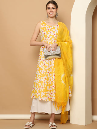 Printed yellow flowers flared kurta pallazos dupatta set