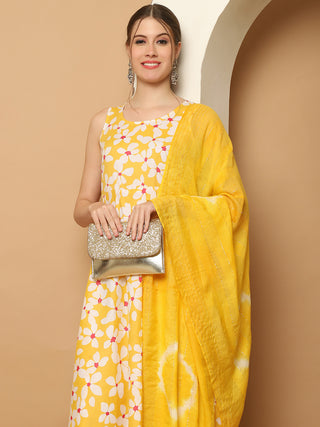 Printed yellow flowers flared kurta pallazos dupatta set