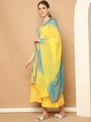 Woven Design Yellow Cotton Kurta with Palazzos & With Dupatta