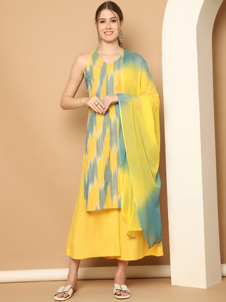 Woven Design Yellow Cotton Kurta with Palazzos & With Dupatta