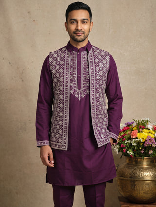 Cotton Blend Embroidered Waistcoat Kurta Pyjama Set
