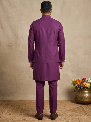 Cotton Blend Embroidered Waistcoat Kurta Pyjama Set