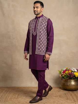 Cotton Blend Embroidered Waistcoat Kurta Pyjama Set