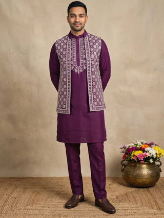 Cotton Blend Embroidered Waistcoat Kurta Pyjama Set