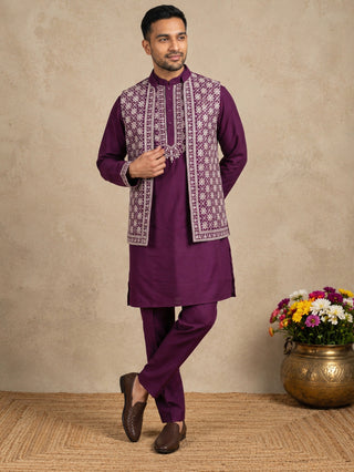 Cotton Blend Embroidered Waistcoat Kurta Pyjama Set