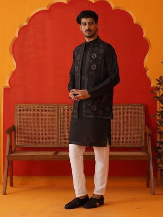 Embroidered Waistcoat & Solid Kurta Pyjama For Men