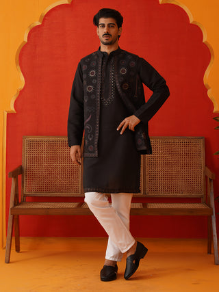 Embroidered Waistcoat & Solid Kurta Pyjama For Men