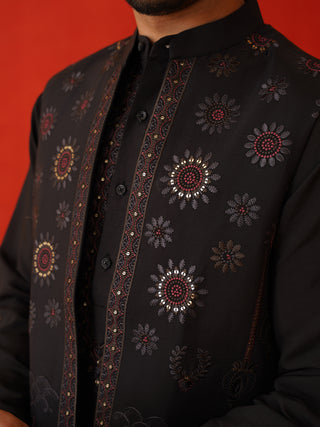 Embroidered Waistcoat & Solid Kurta Pyjama For Men