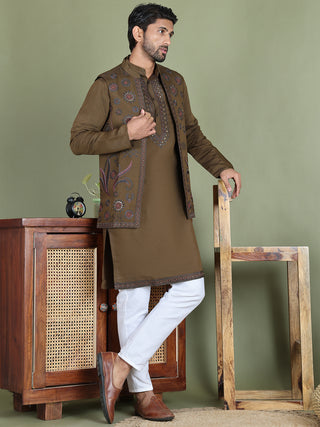 Embroidered Waistcoat & Solid Kurta Pyjama For Men