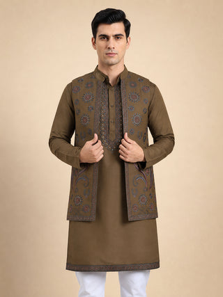 Embroidered Waistcoat & Solid Kurta Pyjama For Men