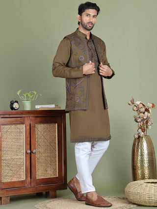 Embroidered Waistcoat & Solid Kurta Pyjama For Men