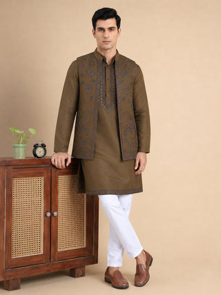 Embroidered Waistcoat & Solid Kurta Pyjama For Men