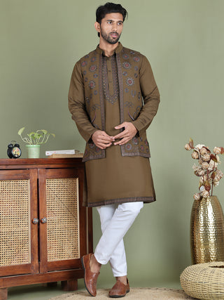 Embroidered Waistcoat & Solid Kurta Pyjama For Men