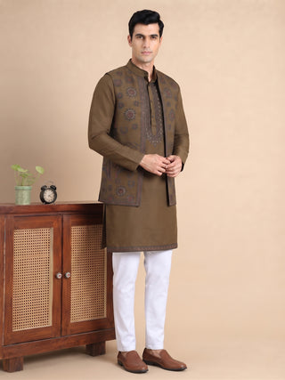 Embroidered Waistcoat & Solid Kurta Pyjama For Men