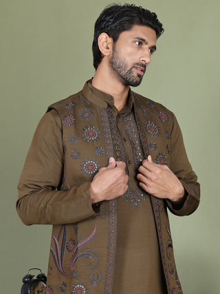 Embroidered Waistcoat & Solid Kurta Pyjama For Men