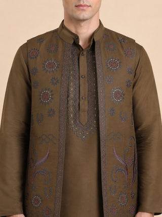 Embroidered Waistcoat & Solid Kurta Pyjama For Men