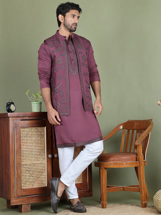 Embroidered Waistcoat & Solid Kurta Pyjama For Men