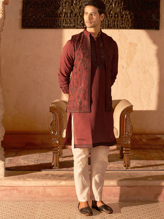 Embroidered Waistcoat & Solid Kurta Pyjama For Men