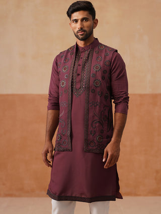 Embroidered Waistcoat & Solid Kurta Pyjama For Men