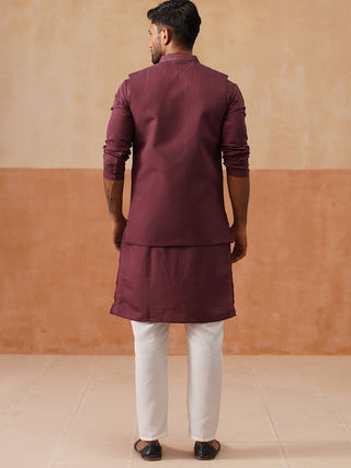 Embroidered Waistcoat & Solid Kurta Pyjama For Men