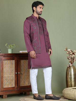 Embroidered Waistcoat & Solid Kurta Pyjama For Men