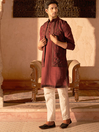 Embroidered Waistcoat & Solid Kurta Pyjama For Men