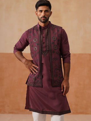 Embroidered Waistcoat & Solid Kurta Pyjama For Men