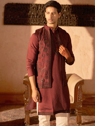 Embroidered Waistcoat & Solid Kurta Pyjama For Men