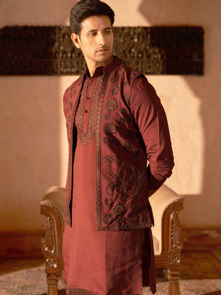 Embroidered Waistcoat & Solid Kurta Pyjama For Men