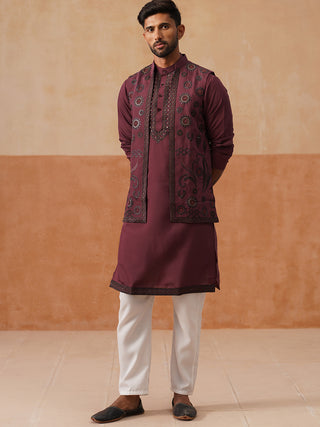 Embroidered Waistcoat & Solid Kurta Pyjama For Men