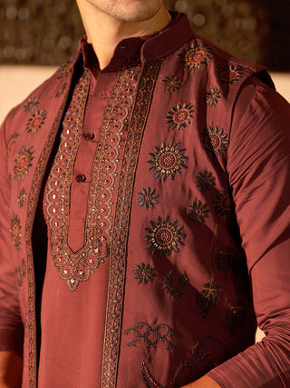 Embroidered Waistcoat & Solid Kurta Pyjama For Men