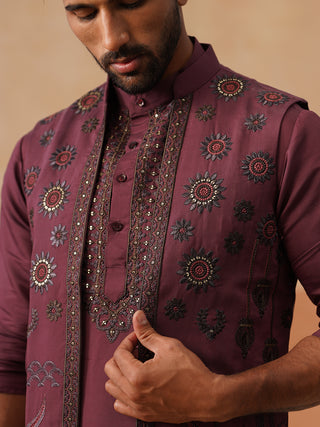 Embroidered Waistcoat & Solid Kurta Pyjama For Men