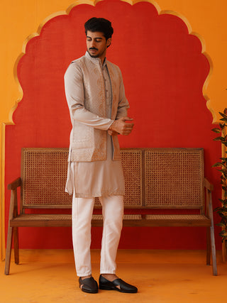 Embroidered Waistcoat & Solid Kurta Pyjama For Men