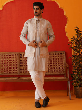 Embroidered Waistcoat & Solid Kurta Pyjama For Men