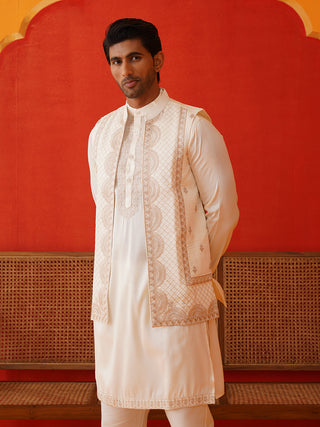 Embroidered Waistcoat & Solid Kurta Pyjama For Men