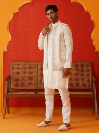 Embroidered Waistcoat & Solid Kurta Pyjama For Men