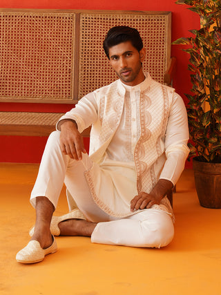 Embroidered Waistcoat & Solid Kurta Pyjama For Men