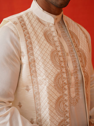 Embroidered Waistcoat & Solid Kurta Pyjama For Men