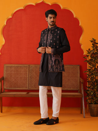 Embroidered Waistcoat & Solid Kurta Pyjama For Men