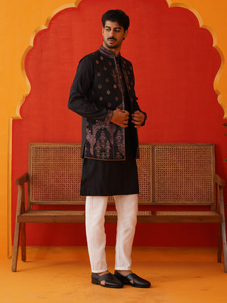 Embroidered Waistcoat & Solid Kurta Pyjama For Men