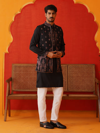 Embroidered Waistcoat & Solid Kurta Pyjama For Men