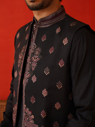 Embroidered Waistcoat & Solid Kurta Pyjama For Men